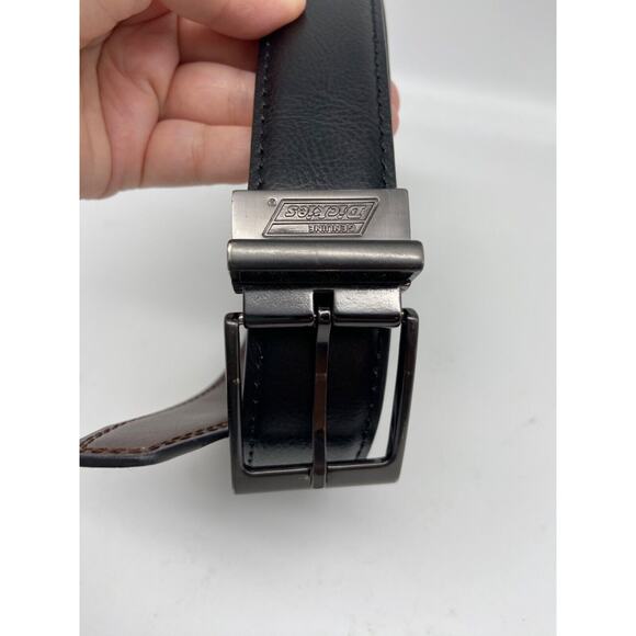 DICKIES Belt Mens Sz‎ 32 Black Leather Belt Silver Buckle LOGO - Picture 5 of 9